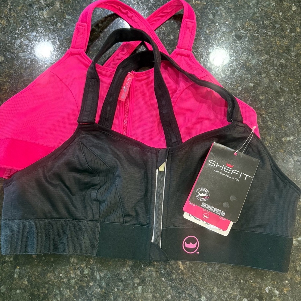 NWT SHEFIT Black and Pink Adjustable Sports Bras, Set of Two